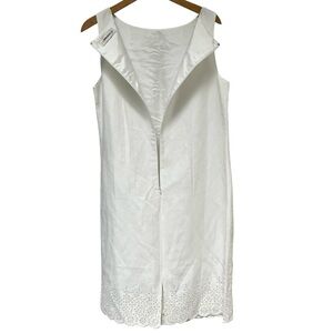 Vtg White Linen Dress Eyelet Sheath Scalloped Edge Minimalist Quiet Luxury‎ 90's